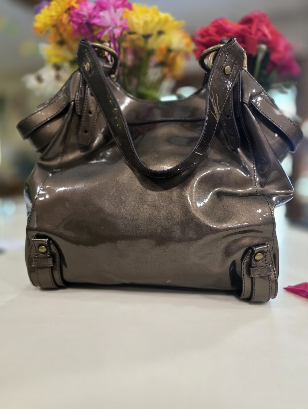 Kooba Bronze Metallic Patent Leather Y2K Shoulder Bag Hobo Purse
